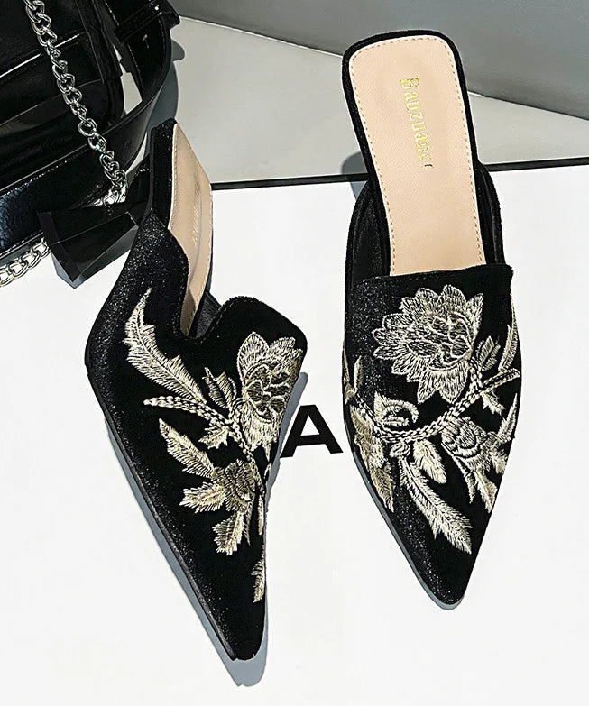 Women's Slide Sandals Pointed Toe Embroidered Design 3