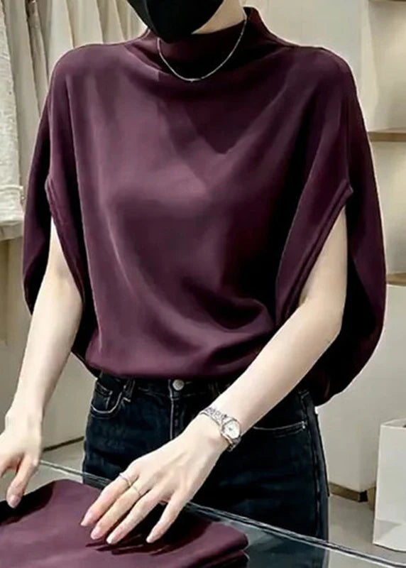 Women's Stand Collar Top Short Sleeve Solid 4