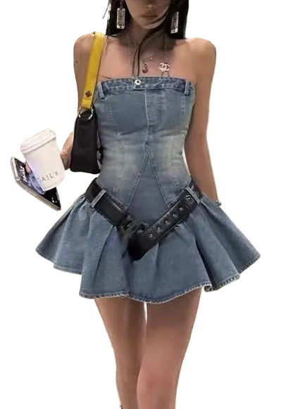 Women's Strapless Mini Dress with Sashes Casual Summer Style 0