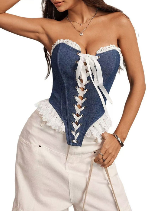Women's Strapless Tank Top Lace-Up Patchwork Style 4