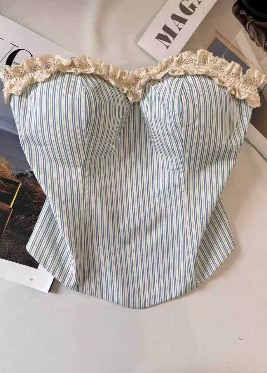 Women's Strapless Top Ruffled Patchwork Striped 0