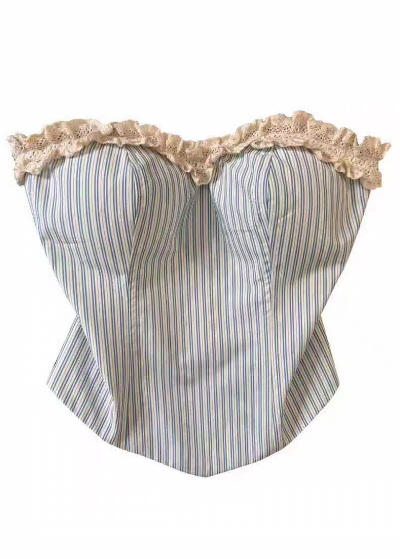Women's Strapless Top Ruffled Patchwork Striped 4