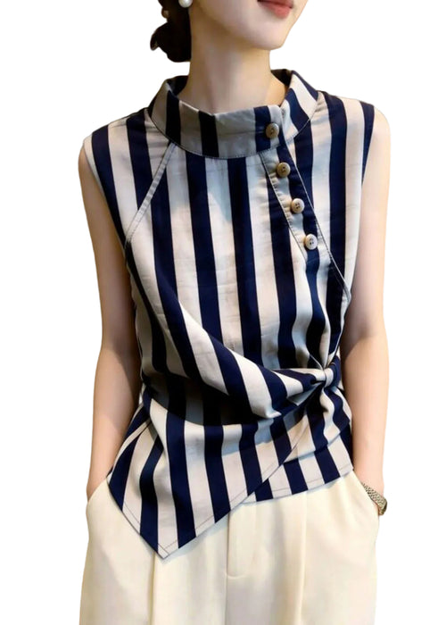 Women's Striped Shirt with Stand Collar Casual Summer Top 0