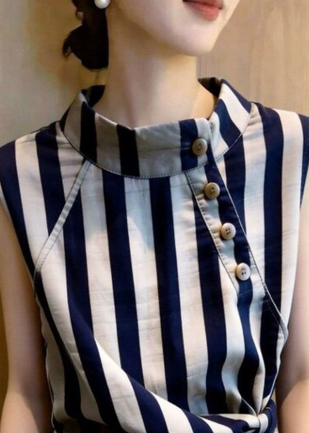 Women's Striped Shirt with Stand Collar Casual Summer Top 1
