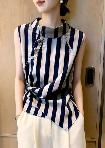 Women's Striped Shirt with Stand Collar Casual Summer Top 2