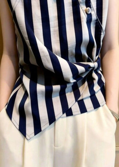 Women's Striped Shirt with Stand Collar Casual Summer Top 3