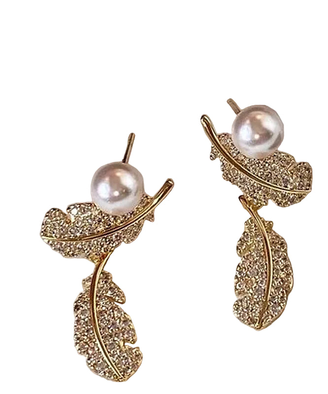 Women's Stud Earrings Feather Pearl Design 0