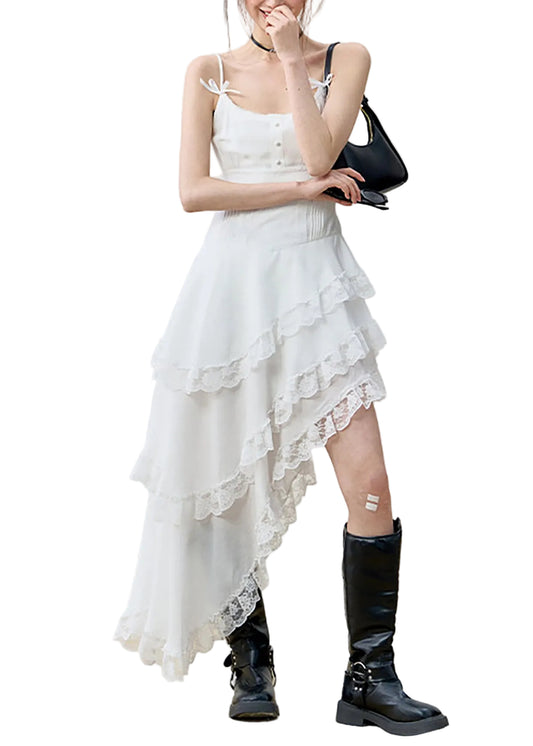 Women's Summer Dress Asymmetrical Lace Patchwork Spaghetti Strap 0