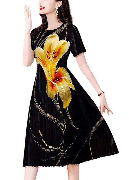 Women's Summer Dress O Neck Printed Wrinkled Style 0