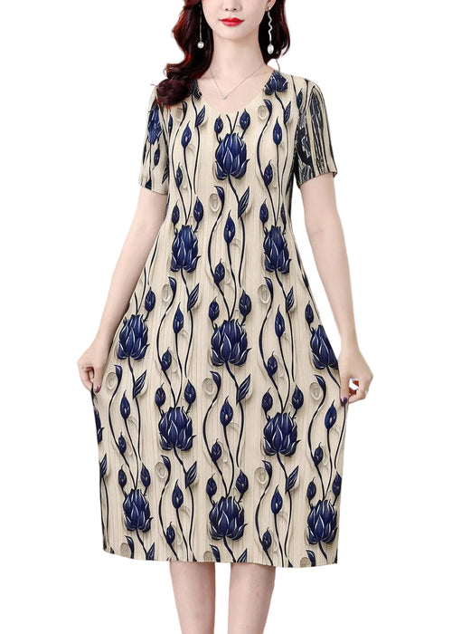 Women's Summer Dress O Neck Printed Wrinkled Style 0