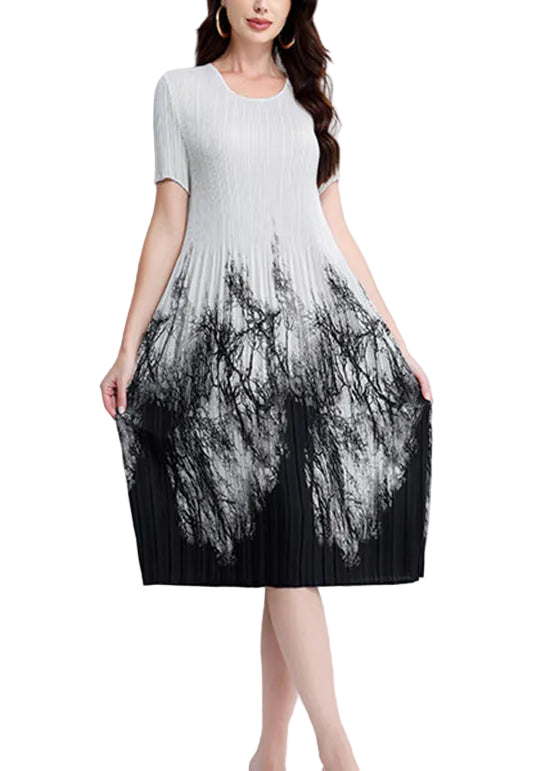 Women's Summer Dress O Neck Printed Wrinkled Style 0