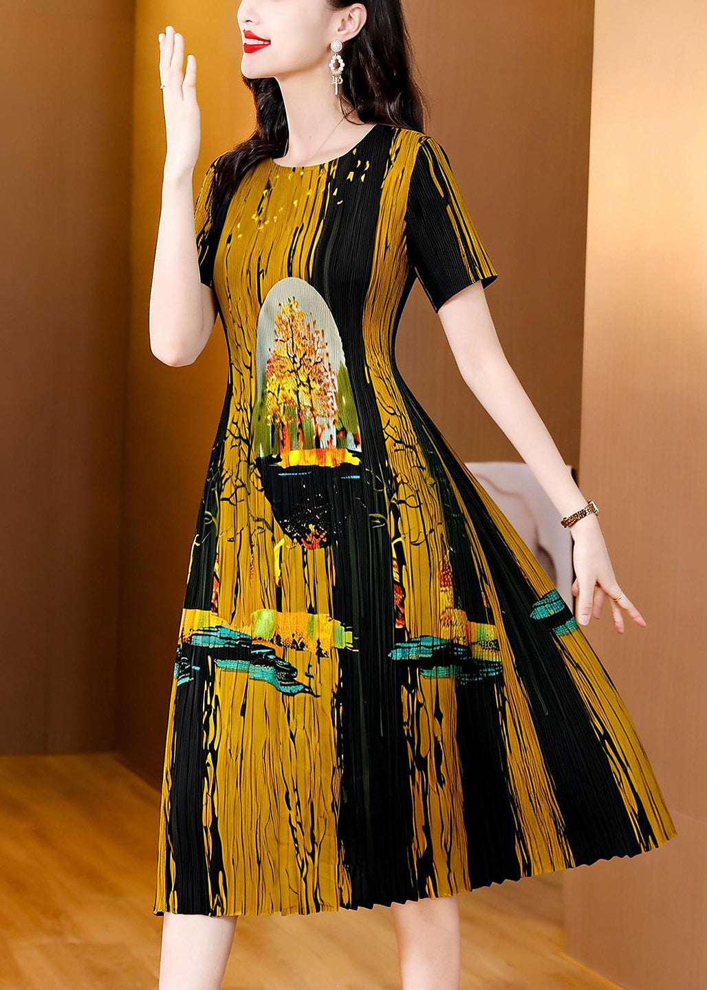 Women's Summer Dress O Neck Printed Wrinkled Style 1