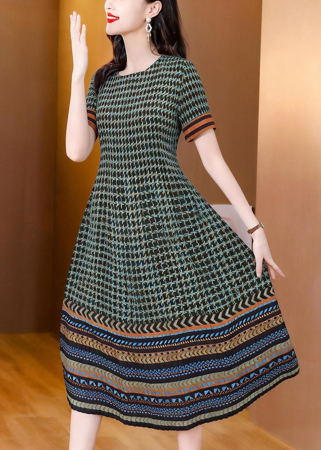 Women's Summer Dress O Neck Printed Wrinkled Style 3