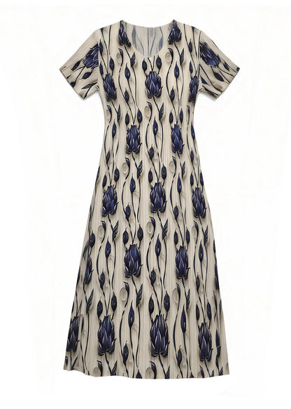 Women's Summer Dress O Neck Printed Wrinkled Style 4