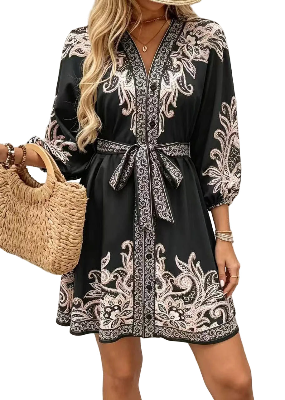 Women's Summer Dress Tie Waist Printed 0