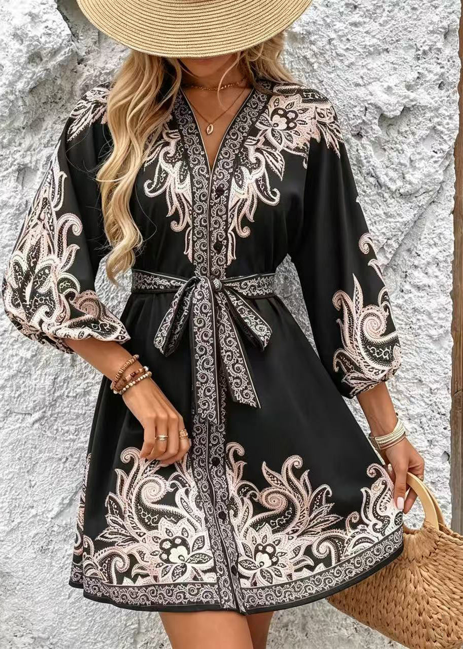 Women's Summer Dress Tie Waist Printed 2