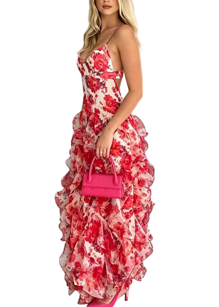 Women's Summer Dress V Neck Printed Spaghetti Strap 0