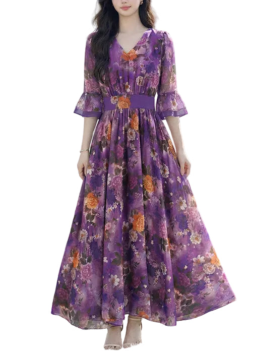 Women's Summer Dress V Neck Printed Wrinkled Style 0