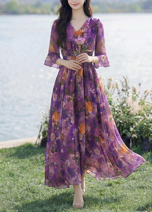 Women's Summer Dress V Neck Printed Wrinkled Style 1