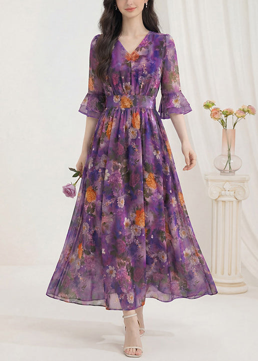Women's Summer Dress V Neck Printed Wrinkled Style 3