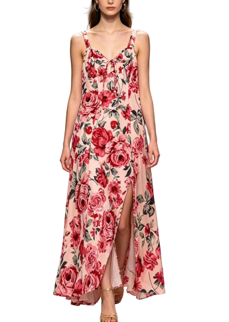 Women's Summer Dress V Neck Tie Waist Spaghetti Strap 0