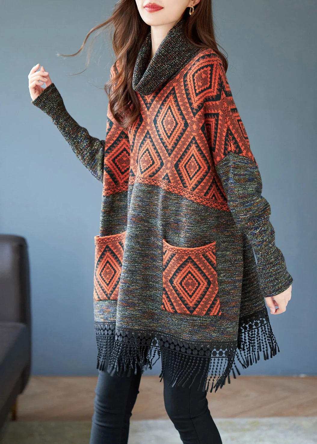Women's Sweater Dress Turtleneck Tasseled Print Plus Size 0