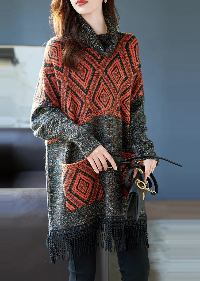 Women's Sweater Dress Turtleneck Tasseled Print Plus Size 1