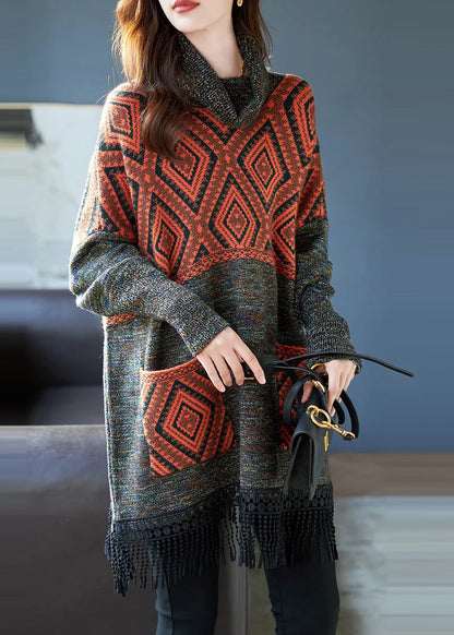 Women's Sweater Dress Turtleneck Tasseled Print Plus Size 1