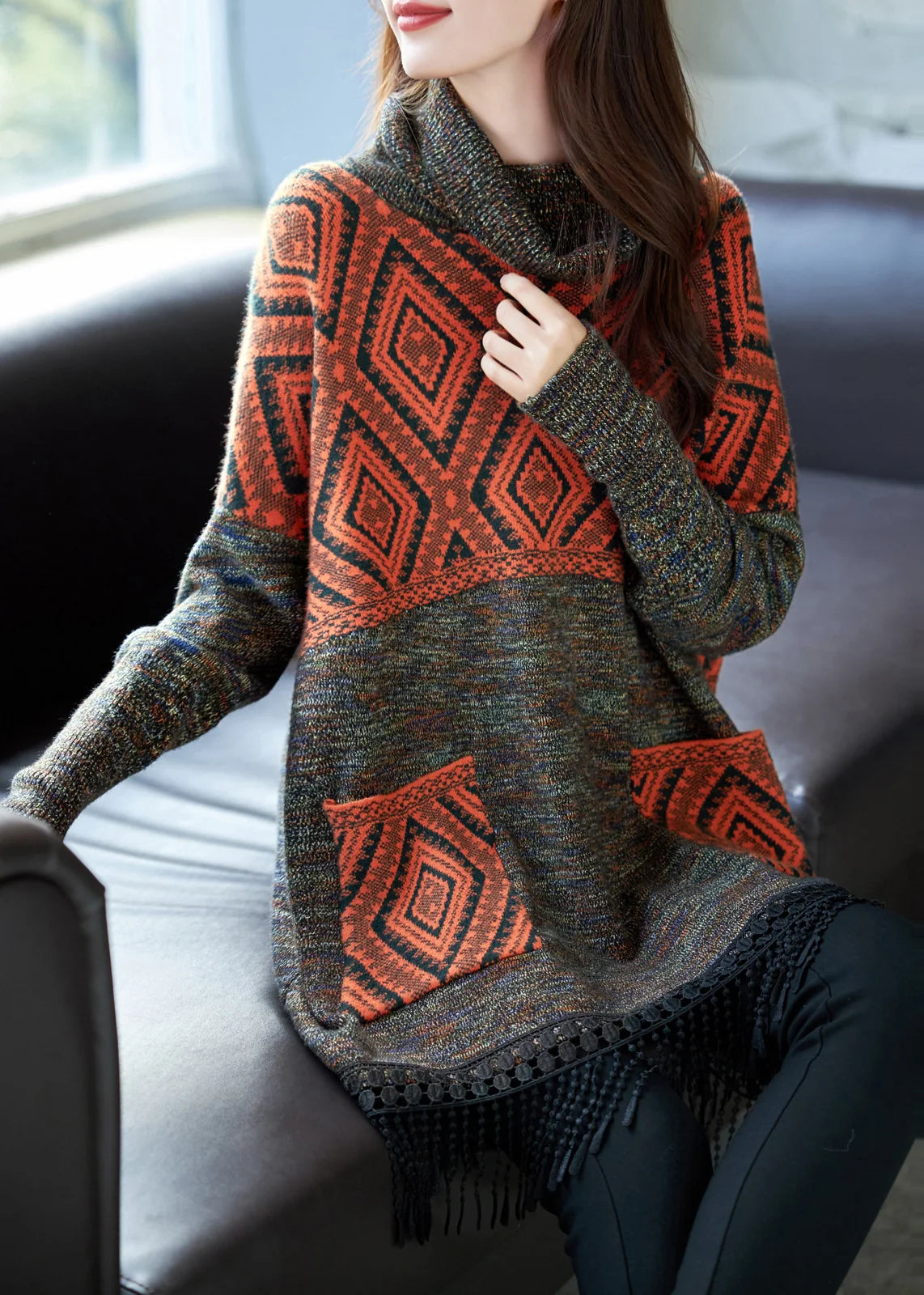 Women's Sweater Dress Turtleneck Tasseled Print Plus Size 2