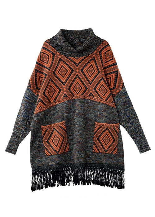 Women's Sweater Dress Turtleneck Tasseled Print Plus Size 4