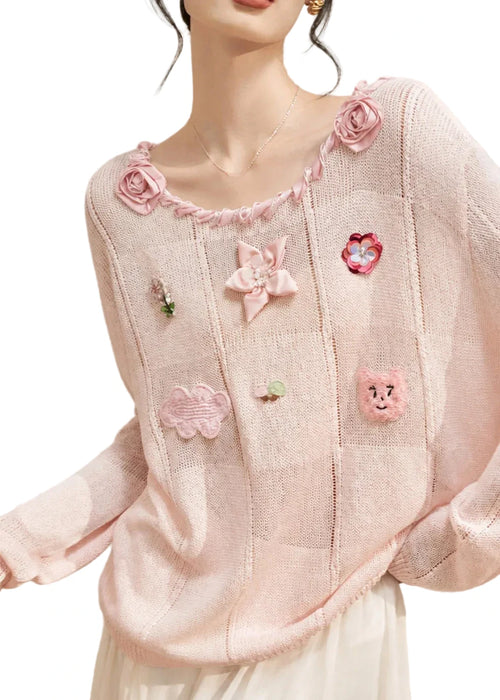 Women's Sweater O-Neck Rose Design Cozy Fit 0