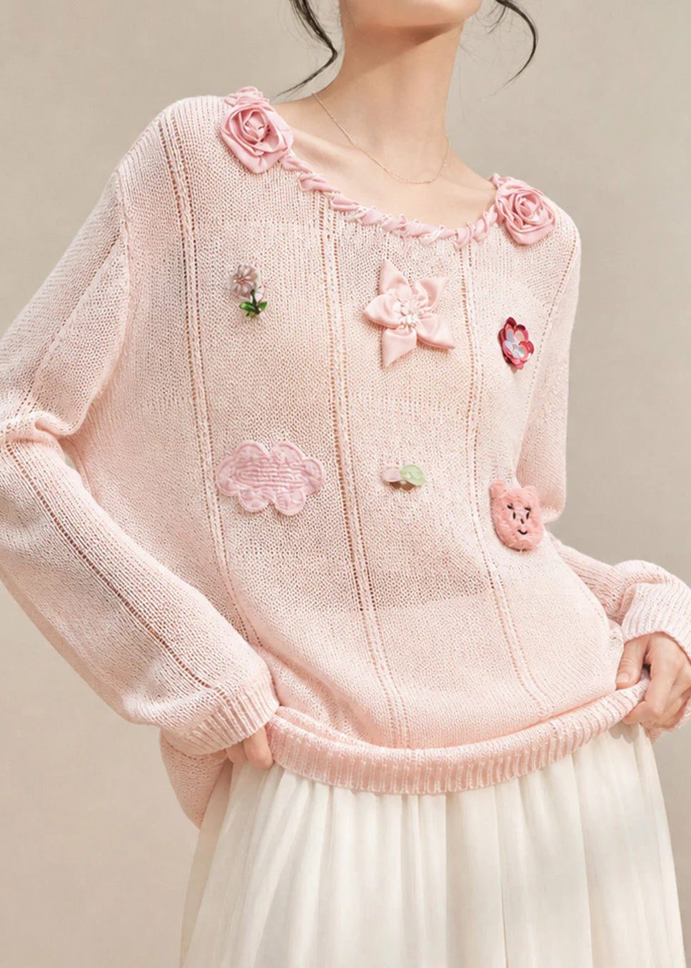 Women's Sweater O-Neck Rose Design Cozy Fit 3