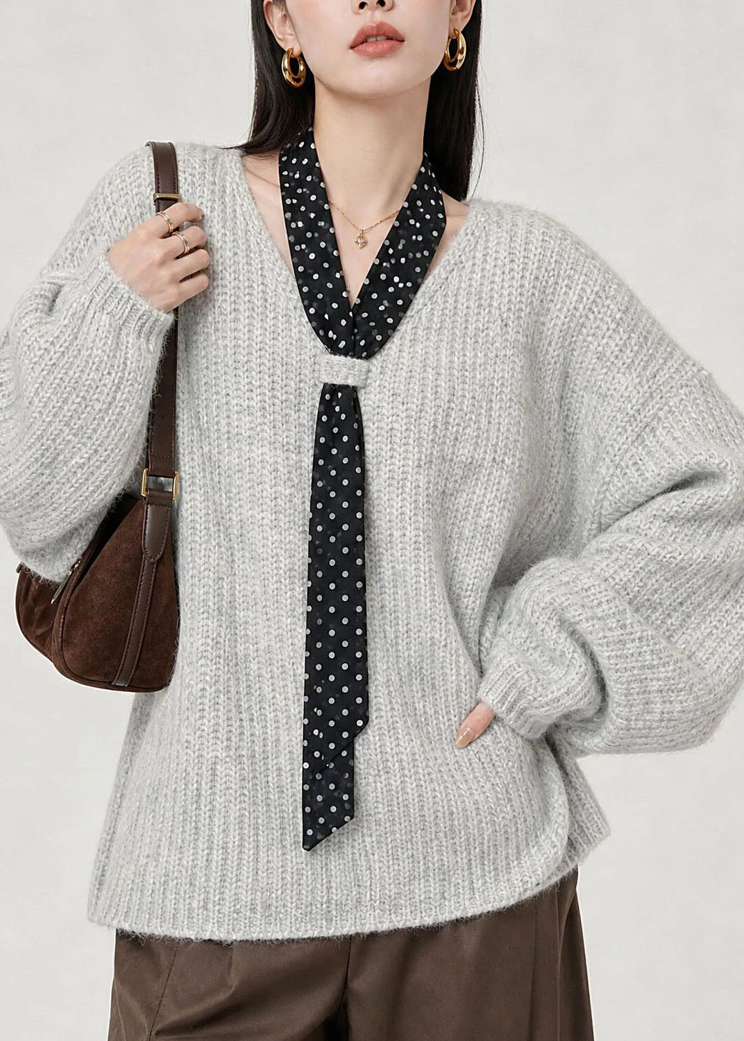 Women's Sweater V Neck Lace-Up Casual Style 0