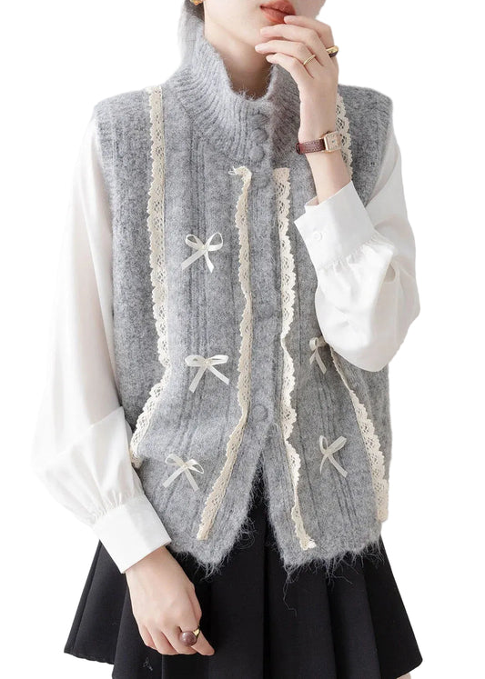 Women's Sweater Vest with Stand Collar and Lace Patchwork 0