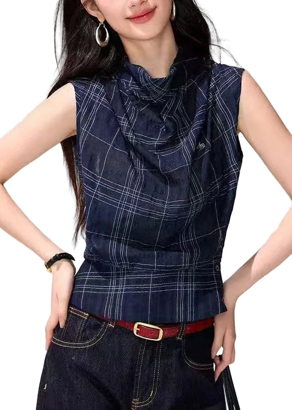 Women's Tank Top Cowl Neck Draped Plaid 0