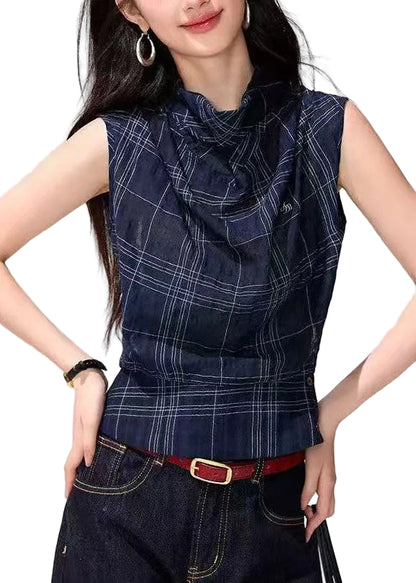 Women's Tank Top Cowl Neck Draped Plaid 0