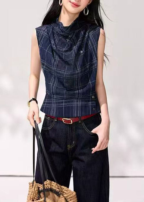 Women's Tank Top Cowl Neck Draped Plaid 1