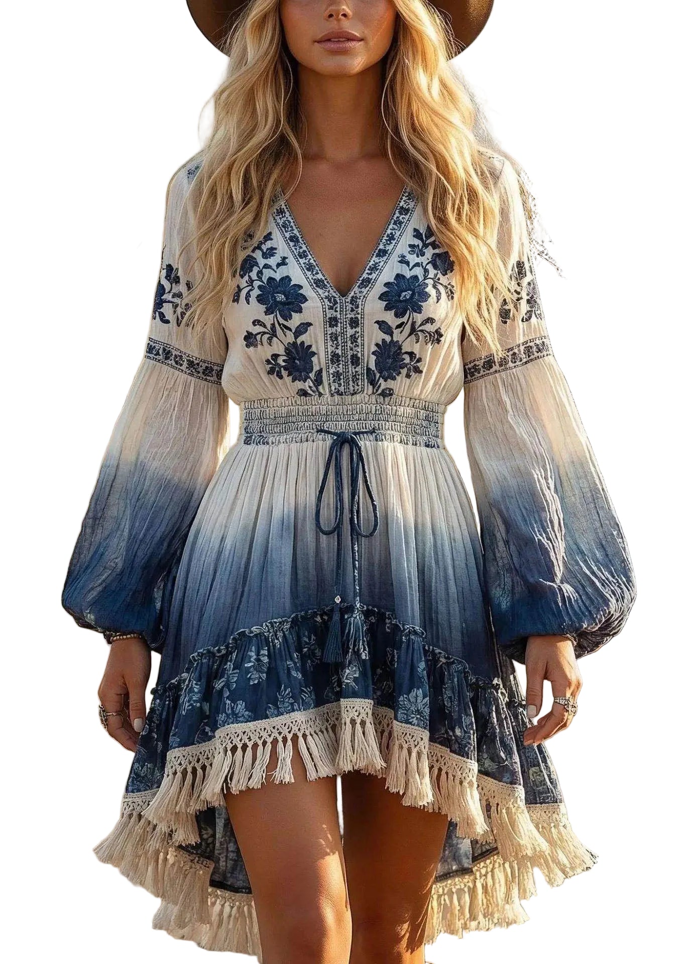Women's Tea Dress Long Sleeve V Neck Printed 0