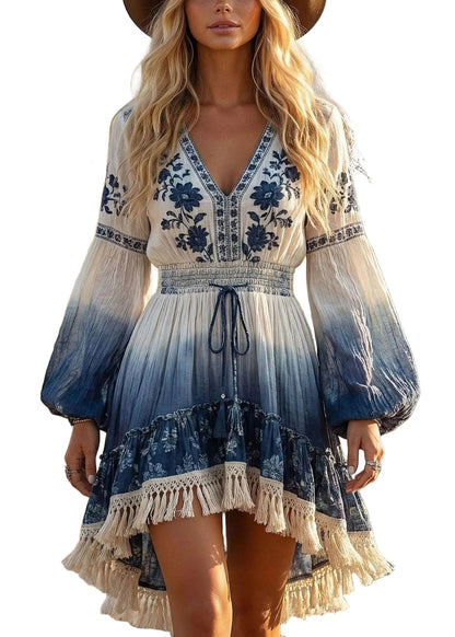 Women's Tea Dress Long Sleeve V Neck Printed 0