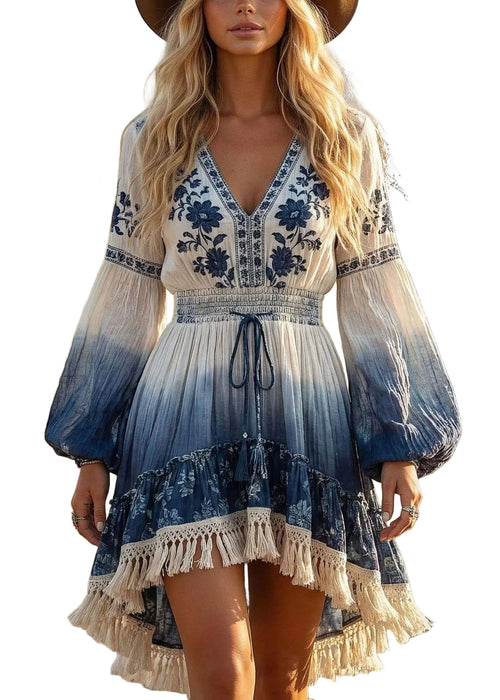 Women's Tea Dress Long Sleeve V Neck Printed 0
