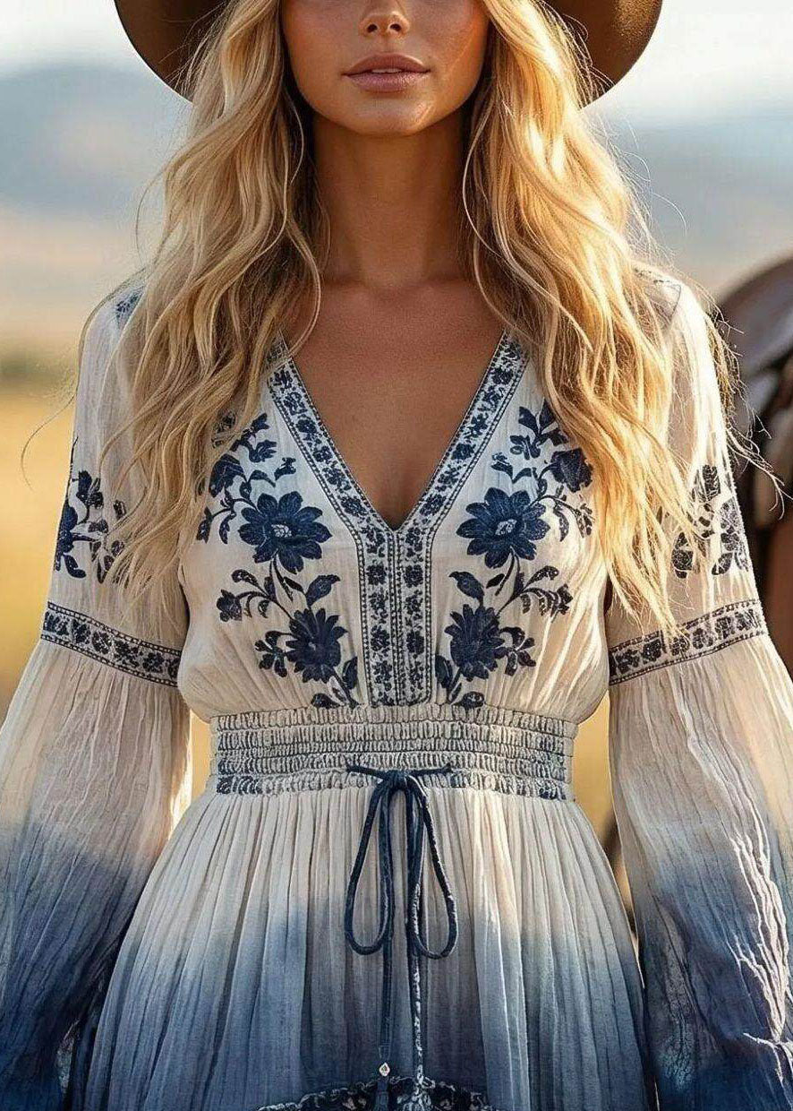 Women's Tea Dress Long Sleeve V Neck Printed 3