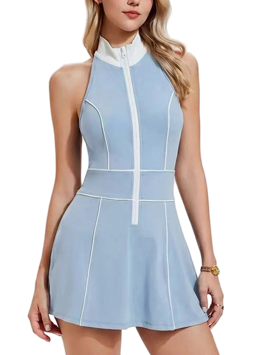 Women's Tennis Dress Sleeveless with Built-In Shorts and Stand Collar 0