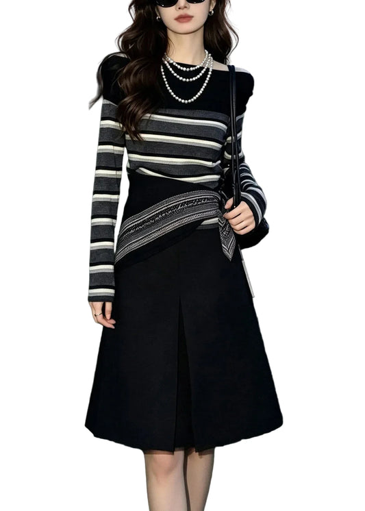 Women's Three Piece Set Striped O-Neck Fall Style 0