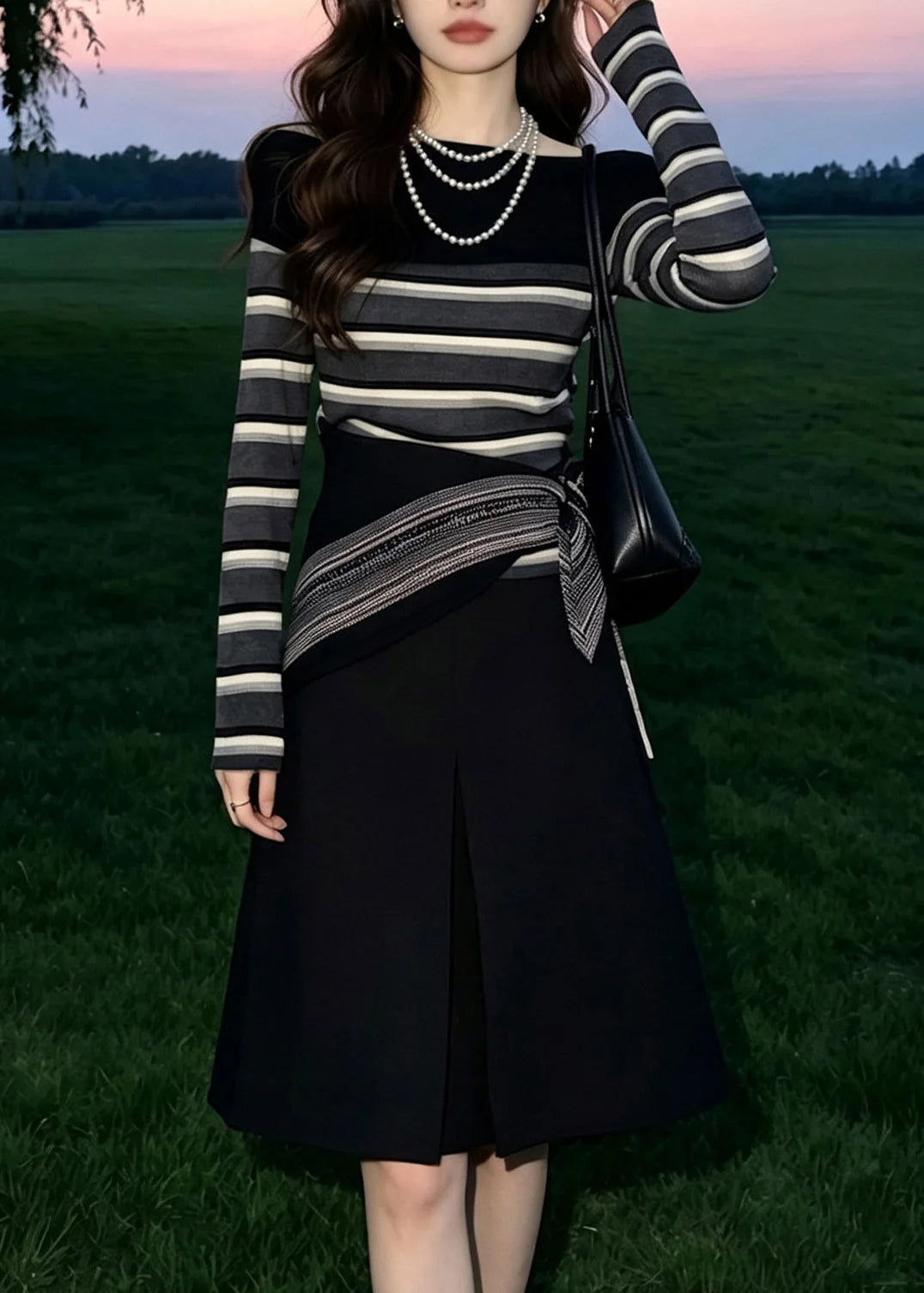 Women's Three Piece Set Striped O-Neck Fall Style 2