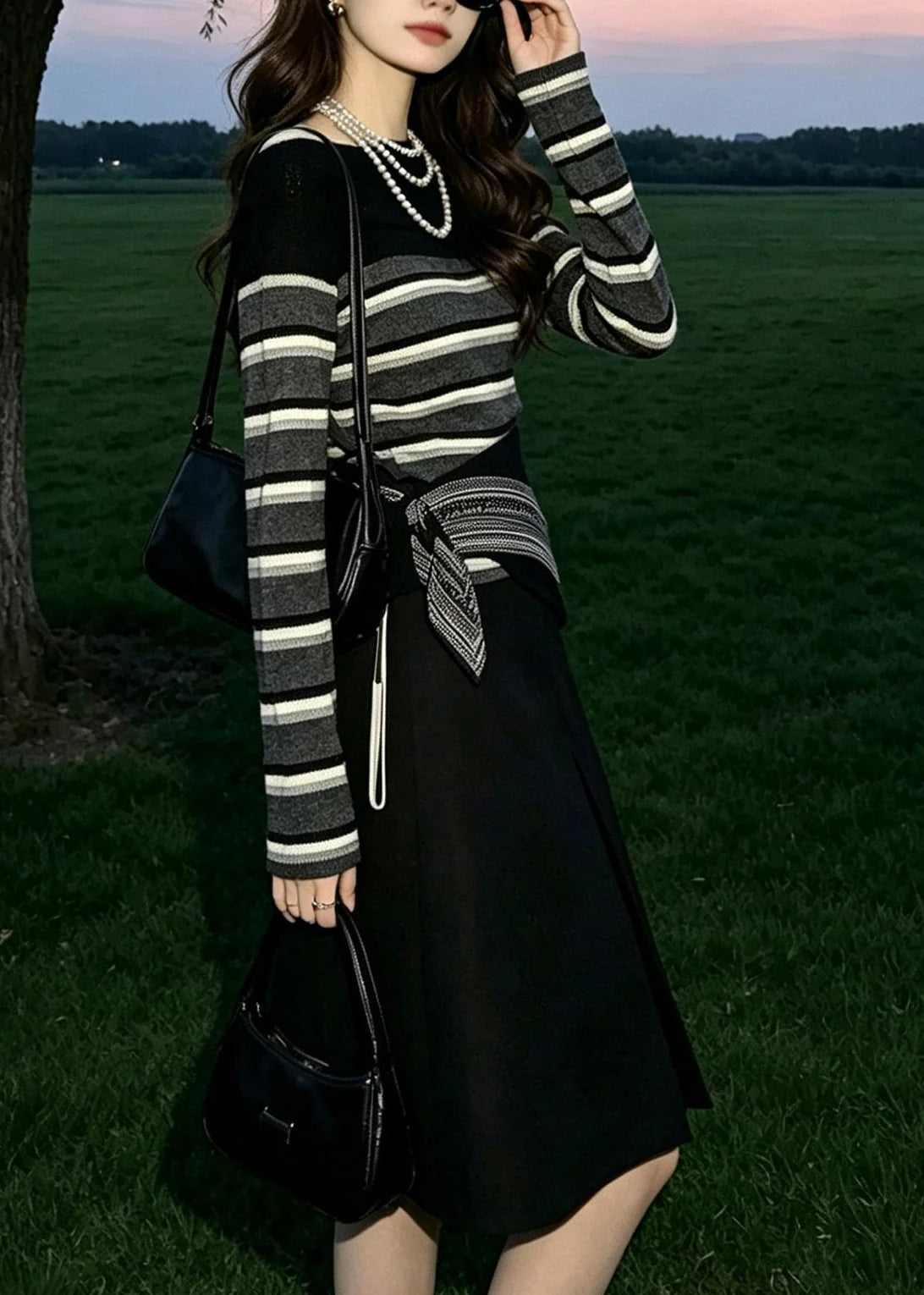 Women's Three Piece Set Striped O-Neck Fall Style 3