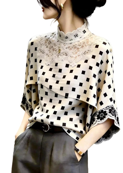 Women's Top Stand Collar Plaid Lace Patchwork Three-Quarter Sleeve 0