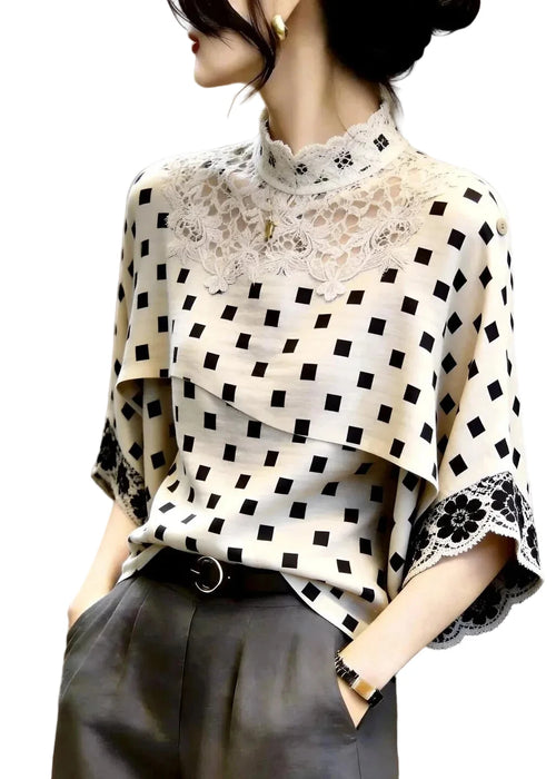 Women's Top Stand Collar Plaid Lace Patchwork Three-Quarter Sleeve 0