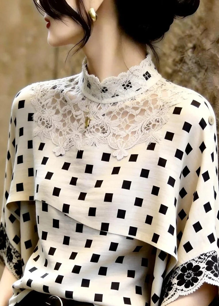 Women's Top Stand Collar Plaid Lace Patchwork Three-Quarter Sleeve 1