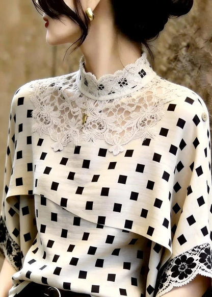 Women's Top Stand Collar Plaid Lace Patchwork Three-Quarter Sleeve 1