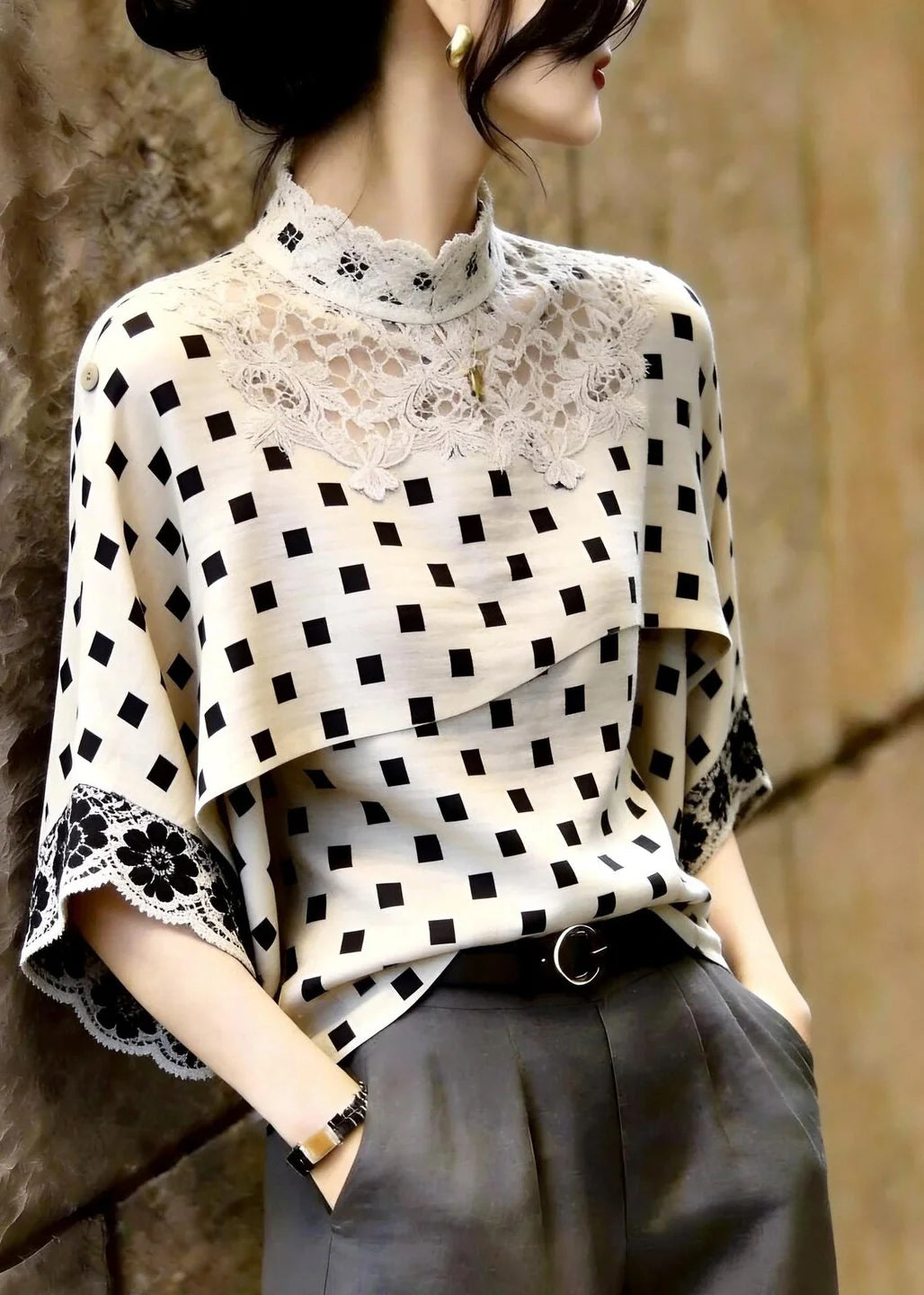 Women's Top Stand Collar Plaid Lace Patchwork Three-Quarter Sleeve 2